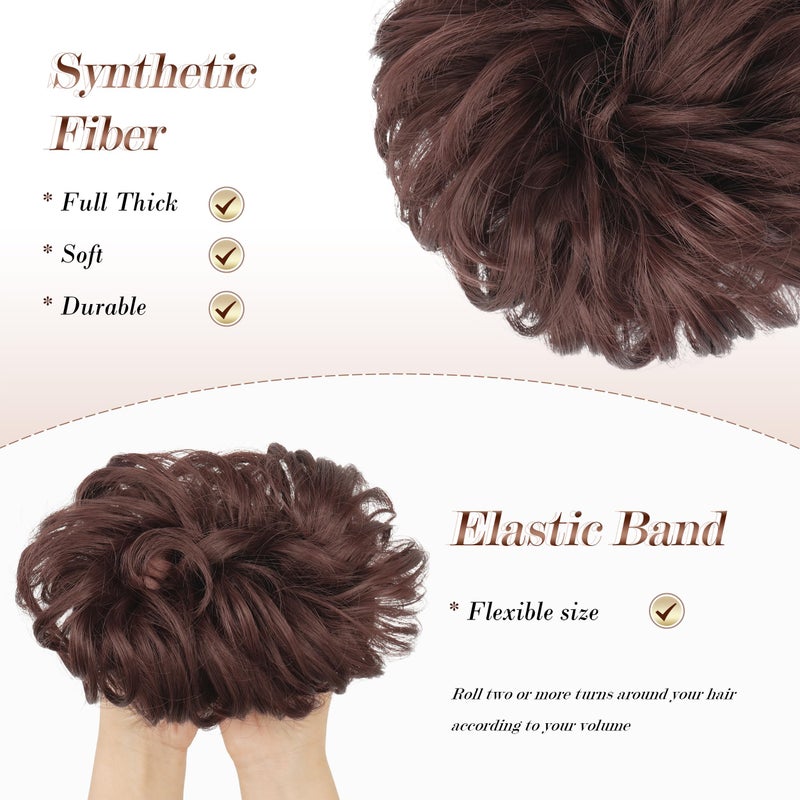 FESHFEN Messy Bun Hair Piece - Elastic Wavy Curly Hair Bun Scrunchies Extensions Synthetic Chignon Hairpieces for Women Girls, Dark Auburn 1.5 oz - Image 4